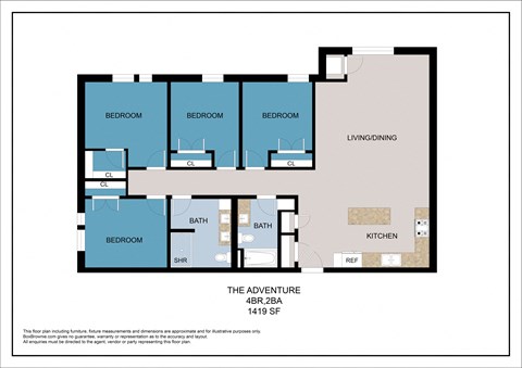 Floor plan for 4 beds, 2 baths, 1419 sqft